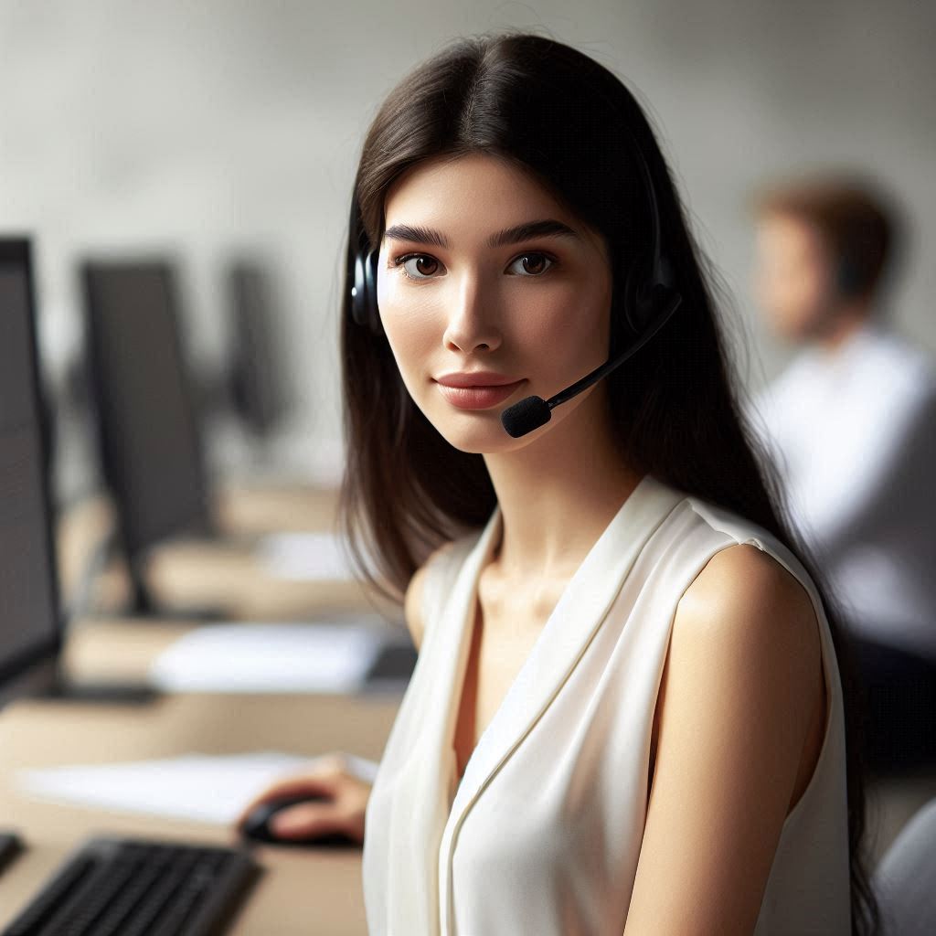 Fair skinned woman with long black hair wearing a white blouse and using a VoIP headset while sitting in front of a computer.